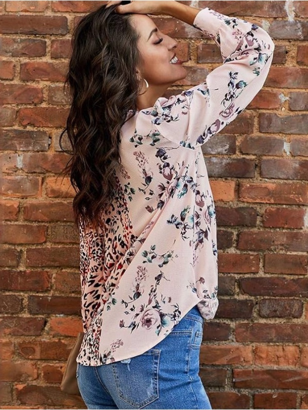 Large Pink Floral & Leopard Print Wrap Twist Top - Picture 3 of 13